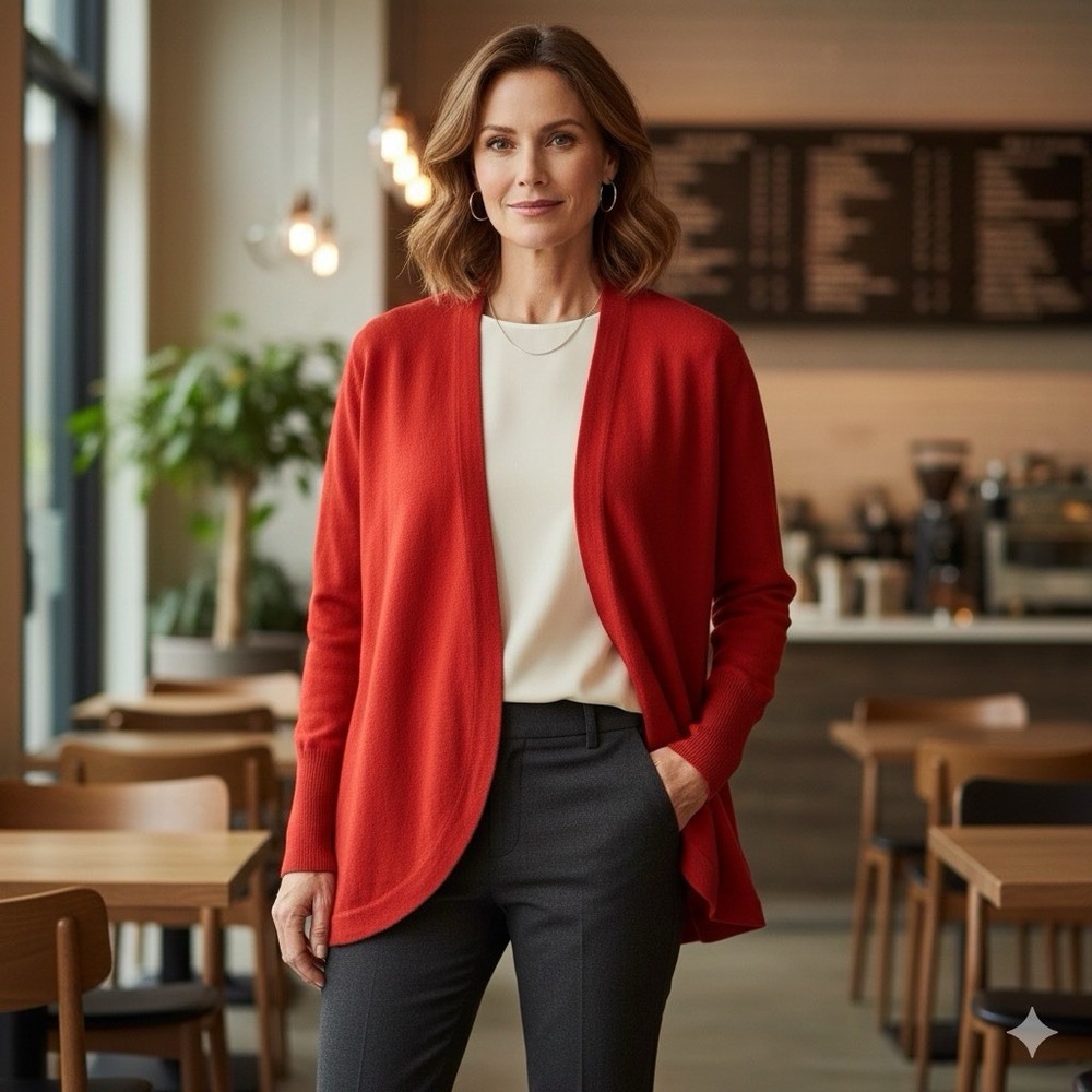 Eileen‎ Fisher Red 100% Wool Draped Open Front Cardigan Sweater Medium Flowy